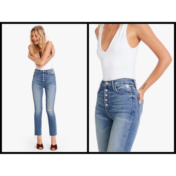 💕MOTHER💕 The Pixie Dazzler Ankle Fray Jeans Popism Button Fly High Rise 32 NWT - Picture 3 of 16